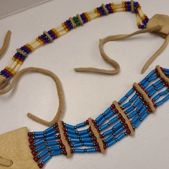 Set of 2 Leather and Bead Native American Choker Necklaces - Picture 11 of 15